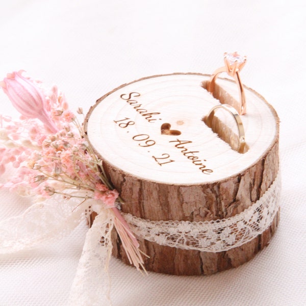 Porte -alliance-rondin-de bois "Ecolo rose" mariage champetre wedding wood ring holder farm house decor