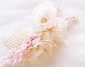 Peigne fleuri pour mariéepink bridal hair comb dried flowers "Romantique rose"