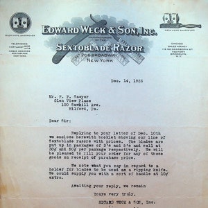 Edward Weck &Son Inc Sextoblade Razor Membrete 1926 Grandes Gráficos
