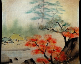 Japanische Tapete Muster 1950er Jahre Japan Frühlingsszene Häuser Blumen