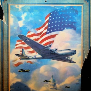 Patriotischer Kalender Topper American Flag Flugzeug Washington Capitol 1940er WWII Air Raid Bulletin