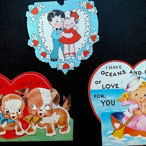Vintage Valentine&#39;s Day Card Lot of 3 Mechanical Dog Ship 1930s
