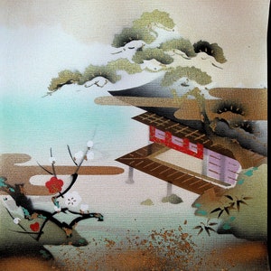 Japanese Wallpaper Sample 1950s Japan Red House Under Gold and Green