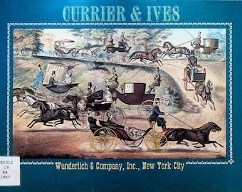 May include: A vintage print depicting a scene of horse-drawn carriages in a park. The print is titled "Currier & Ives" and is from Wunderlich & Company, Inc., New York City. The print is dated 1987.