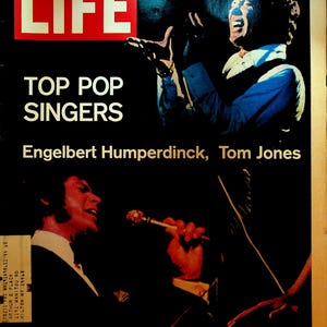 May include: A vintage LIFE magazine cover from 18 September 1970, featuring the text TOP POP SINGERS and the names Engelbert Humperdinck and Tom Jones. The cover displays two black and white photographs of singers performing with microphones.