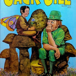May include: A vintage comic book cover featuring Jack and Jill, two cartoon characters. The cover is blue with yellow text and a colorful illustration of Jack and Jill sitting on mushrooms. The text on the cover reads "The Nineteen Dogs of Johnny Cummings" and "Jack and Jill".