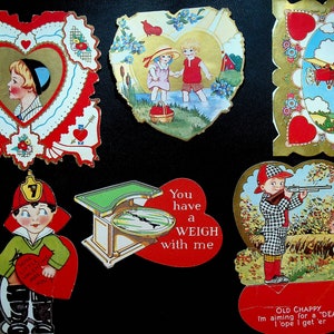 Vintage Valentinstag Karte Lot von 6 1930er Jäger Feuerwehrmann Uhr Segelboot Flugzeug