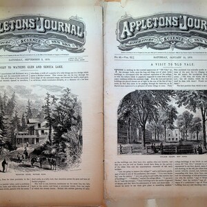 Pode incluir: Duas páginas de uma revista antiga, "Appleton's Journal", com ilustrações em preto e branco de uma casa de montanha e um campus universitário. O texto nas páginas discute uma visita a Watkins Glen e ao Lago Seneca, e uma visita a Old Yale.
