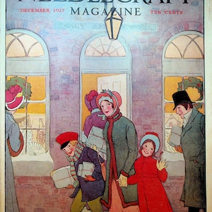 May include: A vintage magazine cover for "Needlecraft" from December 1927. The illustration shows a family leaving a shop, carrying presents. The scene is set on a snowy street with brick walls, with warm light from the shop windows. The magazine title is at the top.