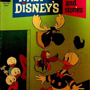 May include: A vintage comic book cover featuring Walt Disney's characters. The cover is green with a red and white title bar that reads "Walt Disney's Comics and Stories". The cover features Donald Duck looking surprised, Pluto peeking out of a hole, and a moose head mounted on the wall.
