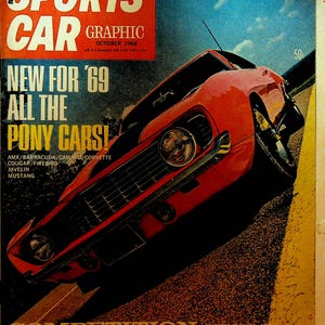 Sports Car Graphic October 1968 Jaguar Pony Cars AMX Barracuda Camaro Corvette Cougar Firebird Javelin Mustang