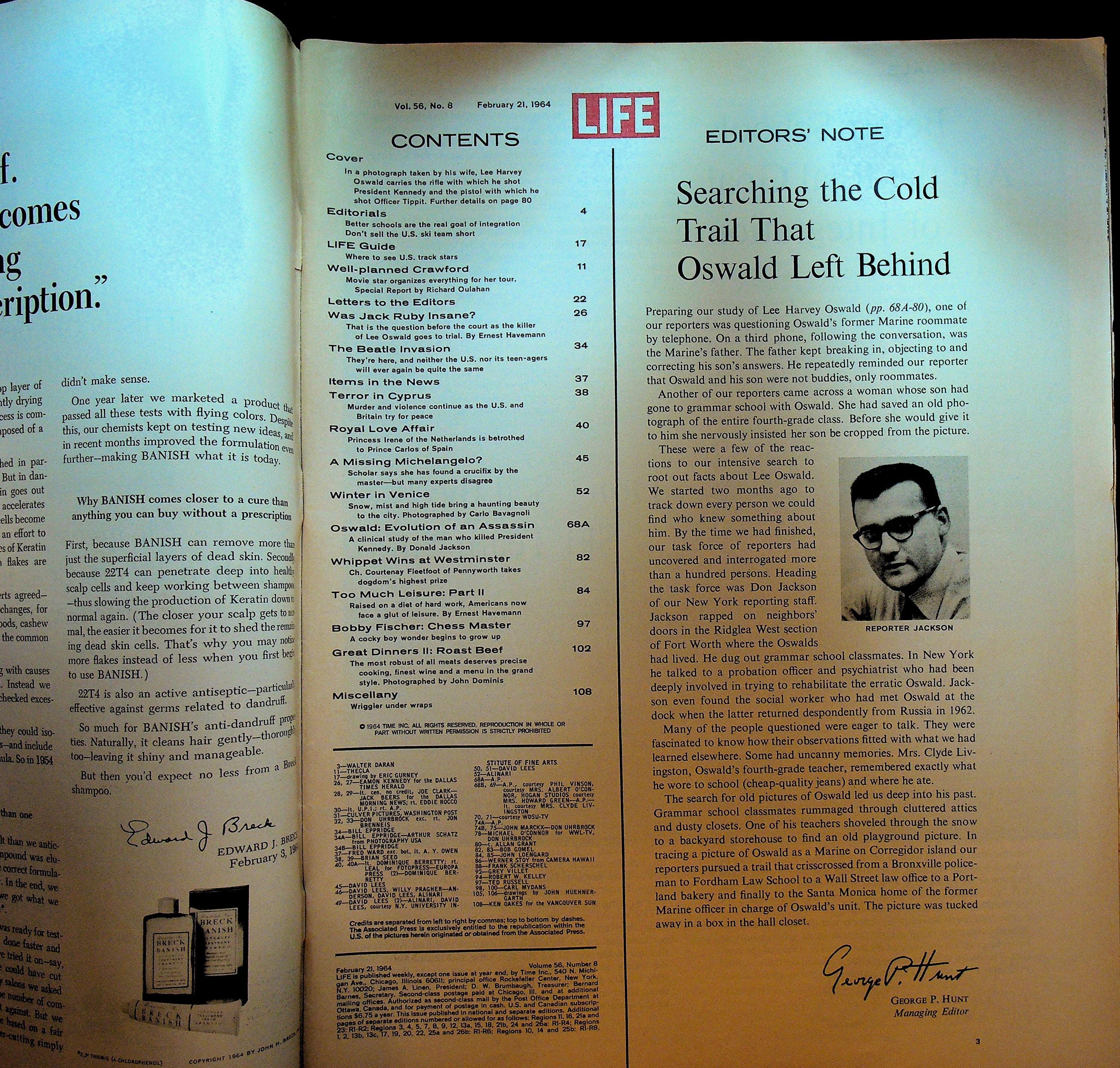 Life Magazine February 21 1964 Lee Harvey Oswald Bobby Fischer - Etsy