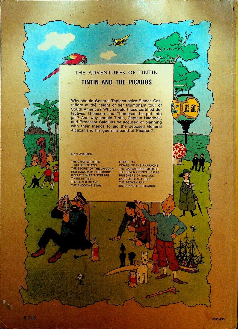 May include: Back cover of "The Adventures of Tintin: Tintin and the Picaros" comic book. Features a colorful illustration with characters, a parrot, a plane, and text describing the story. Includes a list of other Tintin titles.
