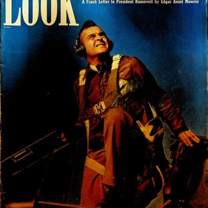 May include: Vintage magazine cover with the word "LOOK" in large white letters. The cover features a man in a leather jacket and headset, looking upwards. Text reads "44 Ways to Beat Hitler - Short of Shooting" and "A Frank Letter to President Roosevelt".
