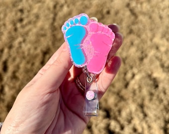 Baby Feet Badge Reel, NICU Baby Badge Buddy, Newborn Badge Reel, L&D Badge Reel, Mother Baby Nurse Gift, Pink and Blue Baby Feet Badge Reel