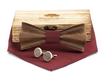 Premium Holzfliege "Schleife" mit rotem Stoff, Manschettenknöpfen und Einstecktuch Geschenk für Männer