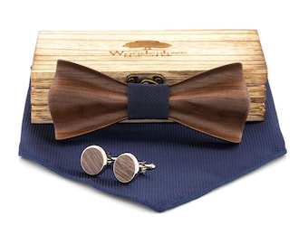 Premium wooden bow tie "Bow" with blue fabric, cufflinks and pocket square gift for men