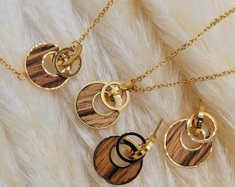 Damen-Schmuckset Aura - Zebraholz mit Gold, Rosegold und Silber - Holzschmuck mit Halskette, Ohrringen und Armkettchen
