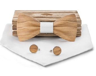 Noeud papillon en bois clair et tissu blanc de Woodenlove