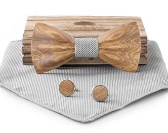Light wooden bow tie with gray fabric from Woodenlove