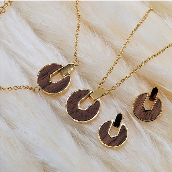 Women's Infinity Jewelry Set - Walnut Wood with Gold, Rose Gold, and Silver - Wooden Jewelry with Necklace, Earrings, and Bracelet