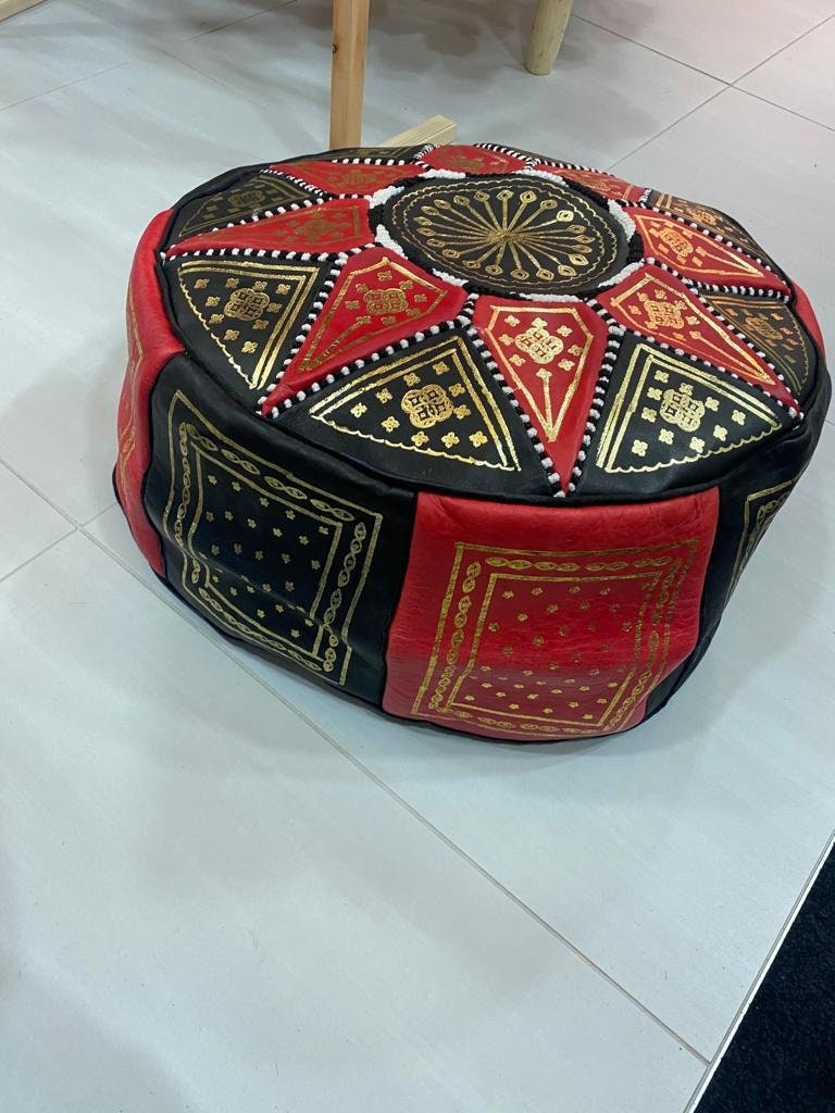 Pouf Cuir Artisanal Marocain Rouge