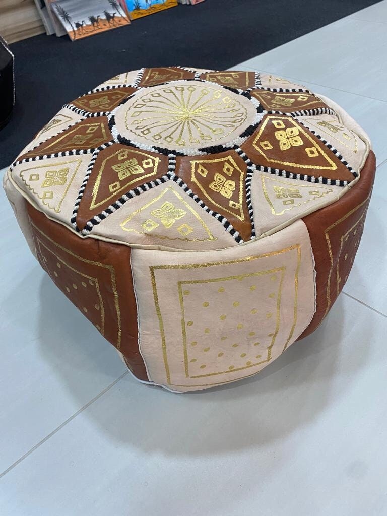 Pouf Cuir Artisanal Marocain Marron/Beige