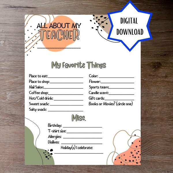 All About My Teacher Survey | All About My Teacher Questionnaire | Digital Download | Teacher Favorites | Teacher Gifts | Printable |