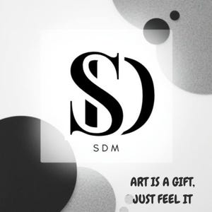 May include: Black and white logo featuring the letters "SD" in a stylized font. Below the letters, the letters "SDM" are printed. The phrase "ART IS A GIFT, JUST FEEL IT" is printed below the logo, with a background of gray and black circles.