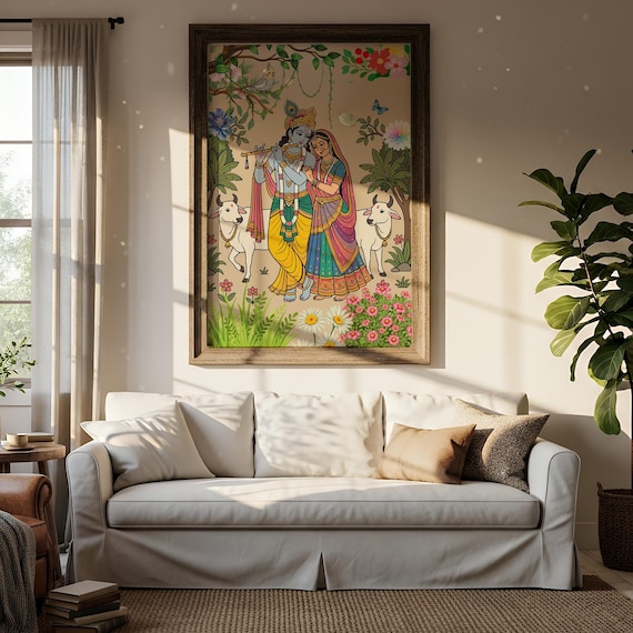 Radha Krishna Digital Wall Art Print, Hindu God Poster, Spiritual Decor, Indian Mythology Art