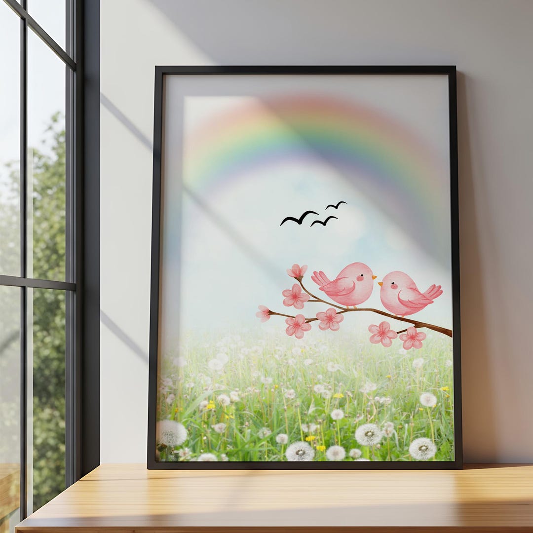 Spring Birds Floral Art Print | Pastel Botanical Wall Decor (digital ...
