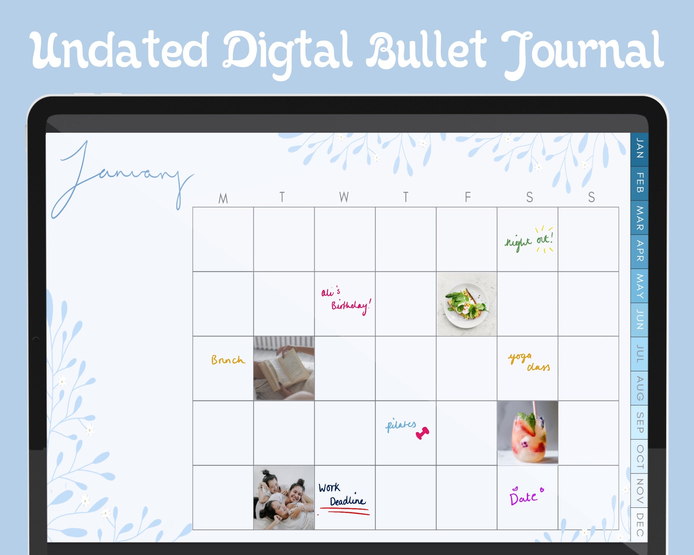 Undated Digital Calendar Blue Theme Goodnotes Calendar Etsy