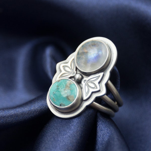 White Water Turquoise and Moonstone Ring, Sz 7 3/4