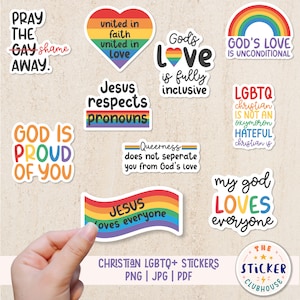 Puede incluir: Un conjunto de nueve pegatinas coloridas con mensajes sobre el amor, la aceptación y la inclusión. Las pegatinas presentan colores arcoíris y texto como "El amor de Dios es incondicional", "Jesús respeta los pronombres", y "Mi Dios ama a todos".