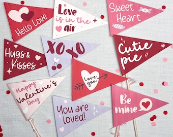 Printable Valentines Day Pennants Flag Bundle, DIY Valentines Day Party, Valentine Flags Kids, Pennant Flag Template