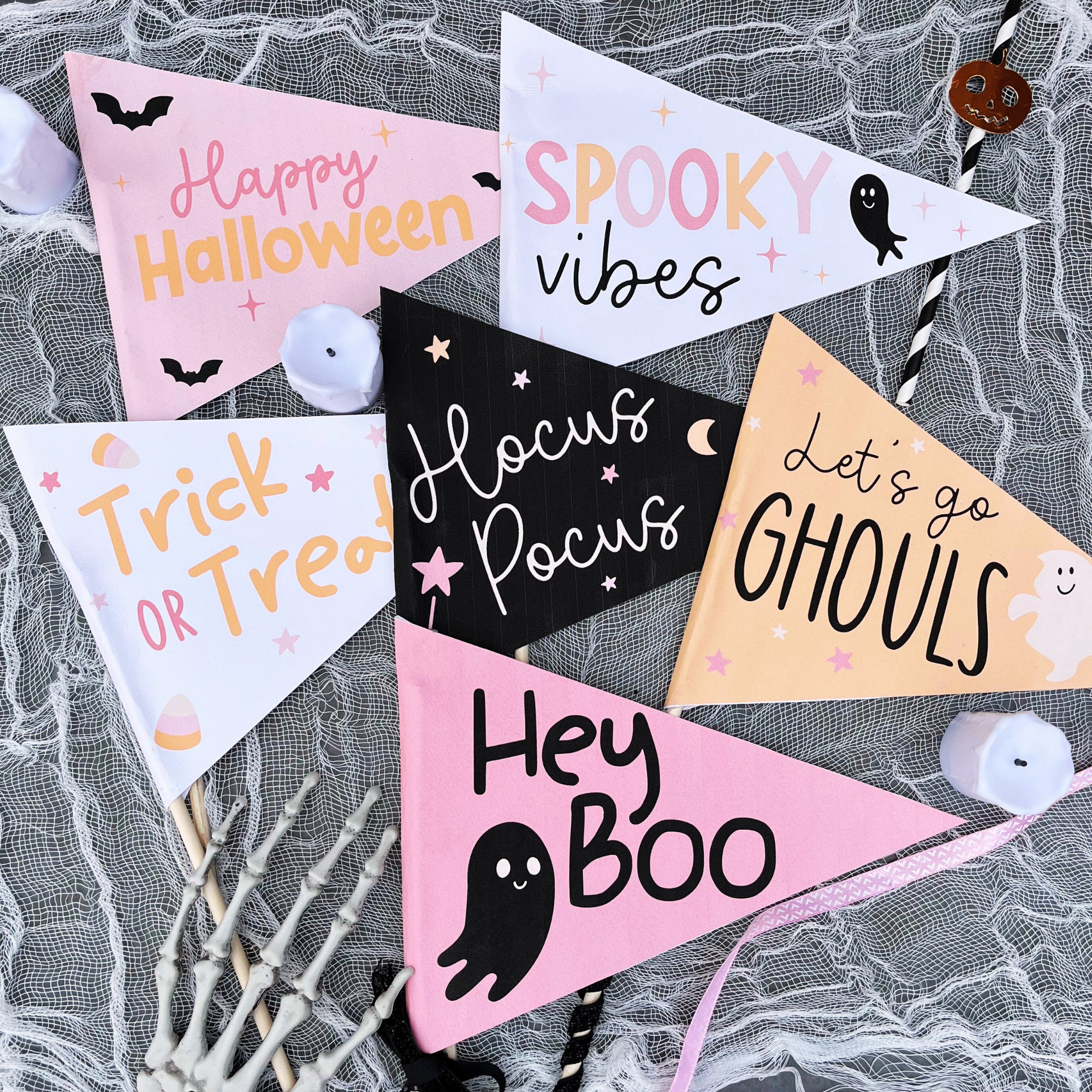 Halloween Boo Ghost Pennant Flags - 6 Pack With Ribbons For Party Decorations