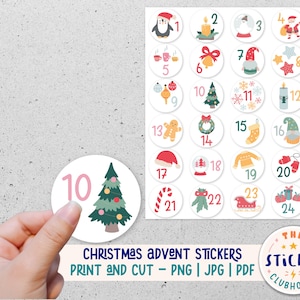 Printable Christmas Advent Stickers | Christmas countdown stickers | December stickers print and cut | Advent calendar Number Stickers