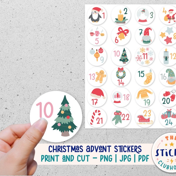 Printable Christmas Advent Stickers | Christmas countdown stickers | December stickers print and cut | Advent calendar Number Stickers