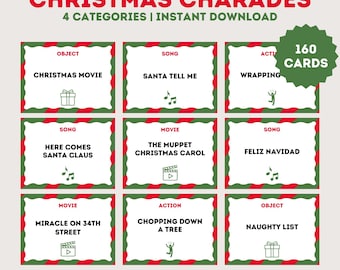 May include: A set of 160 Christmas charades cards with 4 categories: object, song, movie, and action. The cards are green and red with white text and icons.