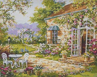 SPRING GARDEN PATIO - Fully Completed Paint By Numbers Unstretched Canvas Painting