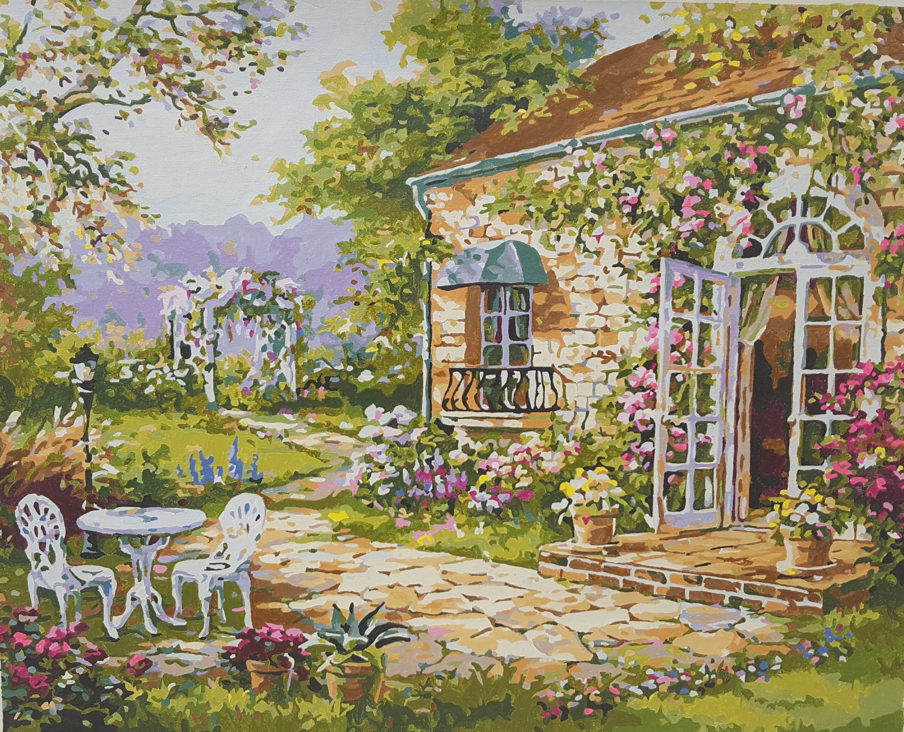 SPRING GARDEN PATIO Fully Completed Paint by Numbers Unstretched Canvas Painting Etsy