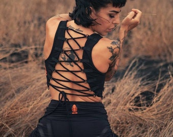TOYGER Lace Up Cotton Crop Top || Ethical Festival Clothing Women | Burning Man Outfit | Ozora | Boom | Download Festival |Pixie Clothing |