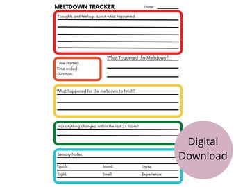 May include: A printable meltdown tracker worksheet with sections for recording thoughts, feelings, triggers, duration, and sensory details. The worksheet is color-coded with red, orange, yellow, green, and blue.