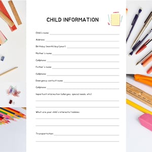 Child Information Sheet Emergency Contact Safety Printable Form Homeschool Daycare