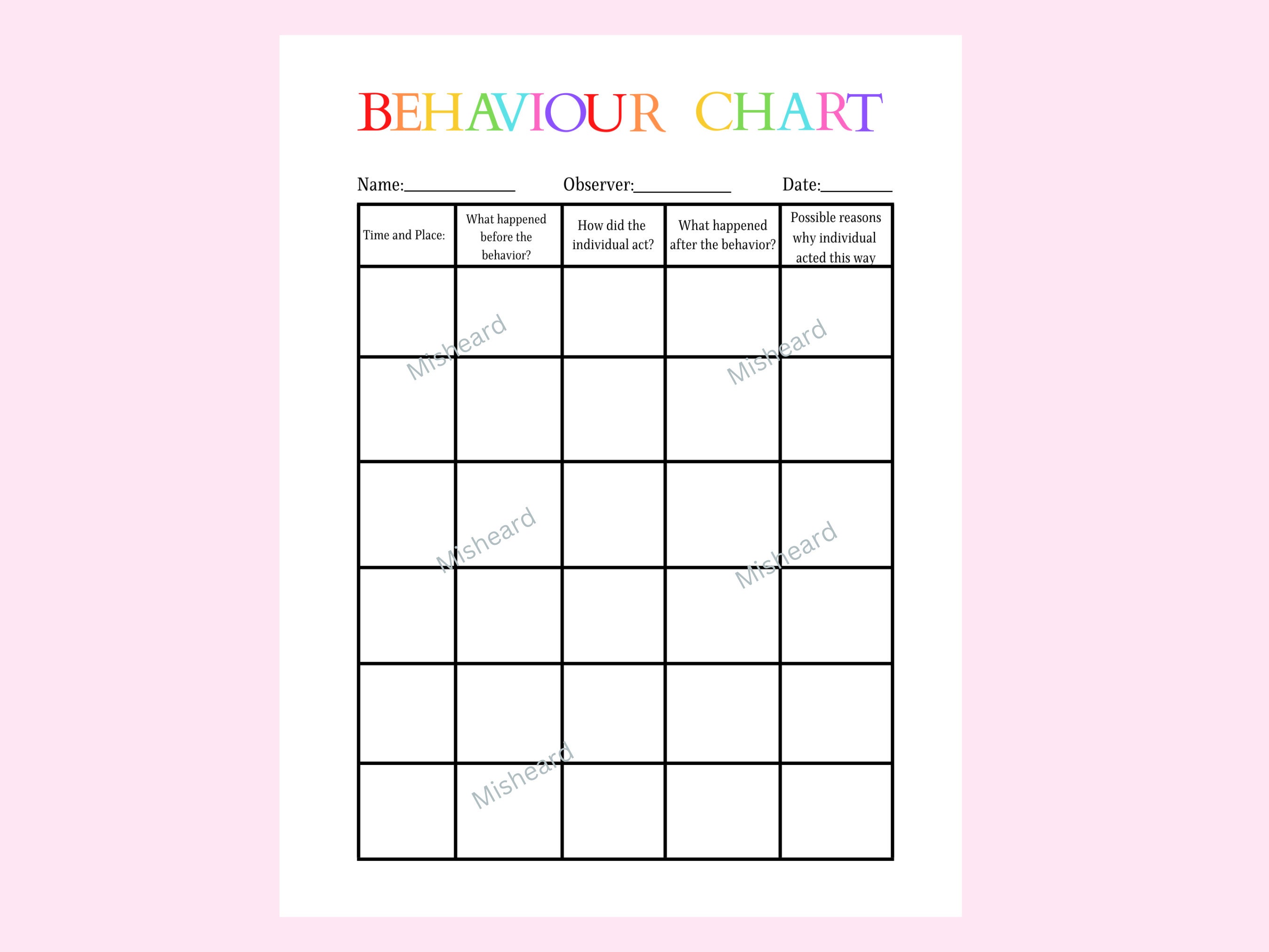 Printable Behaviour Chart, Autism Behaviour Chart, Emotional Support ...