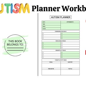 Puede incluir: Un planificador verde y blanco con el título "AUTISM PLANNER" y el texto "100 Pages". El planificador tiene secciones para citas, objetivos de comunicación, objetivos de habilidades sociales, objetivos sensoriales e ideas de actividades terapéuticas. Hay un círculo con el texto "THIS BOOK BELONGS TO:" y una línea para escribir un nombre.