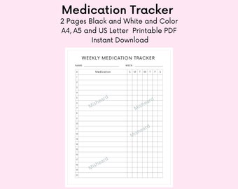 Op de afbeelding: Een zwart-witte, printbare medicatietracker met een wekelijkse lay-out. De tracker heeft ruimte voor de naam, het weeknummer en de naam van de medicatie. Hij heeft ook een raster om de medicatie-inname voor elke dag van de week bij te houden.