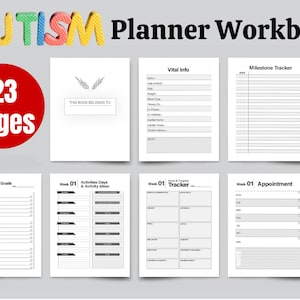 以下が含まれることがあります： 「AUTISM Planner Workbook」というカラフルなタイトルと、赤い円の中に「123 Pages」という数字が書かれています。このワークブックには、重要な情報、マイルストーンのトラッカー、子供の目標、アクティビティ、目標と進捗のトラッカー、アポイントメントのページが含まれています。ファイル形式はPDF、PowerPoint、Adobe Illustratorです。