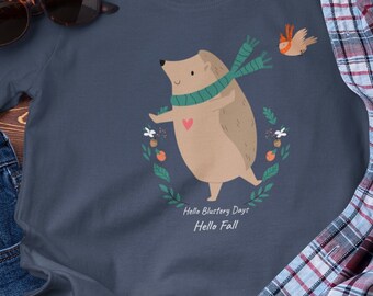 Hello Fall shirt - Blustery days fall shirt - Cute Fall tee - Hedgehog fall t-shirt - Welcome Fall shirt - Plus size Hello Fall tee