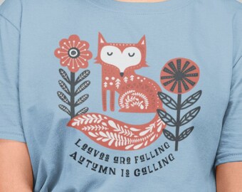 Fall fox tee - Autumn shirt fox - Fall leaves tshirt - Hello fall shirt - Autumn ladies top - Fall womens shirt - Fox shirt - Folk art shirt